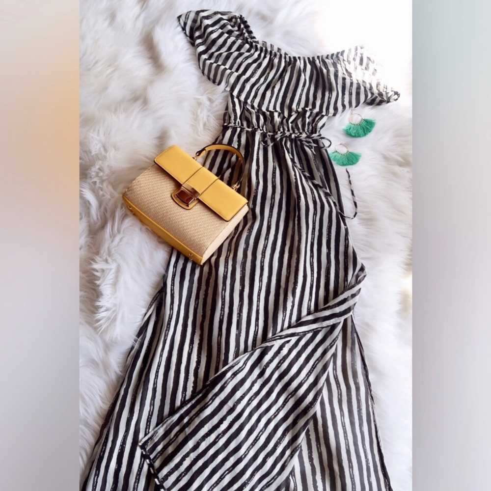 BELLA- Striped Off Shoulder Maxi Dress
